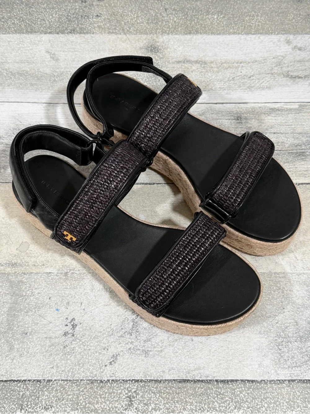 TORY BURCH Sport Platform Espadrille Sandals In Black Raffia Woven Leather Sz-9